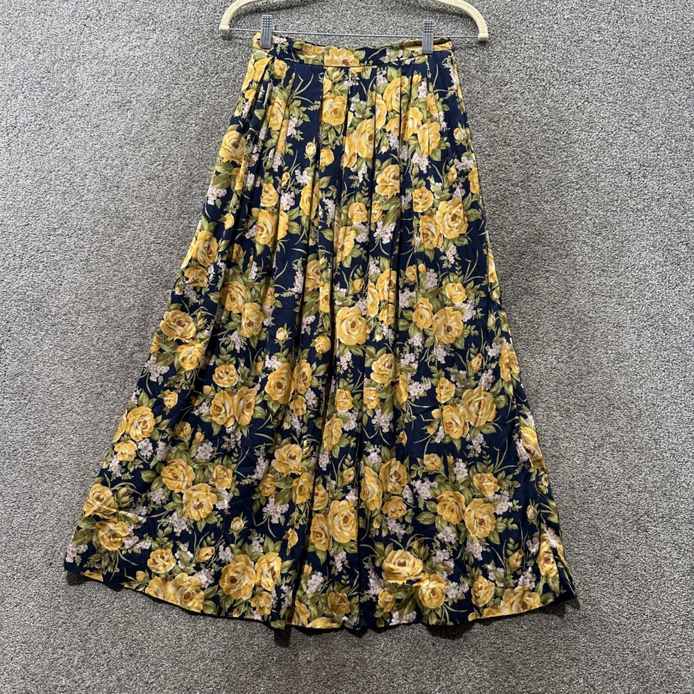 VTG 90s Susan Bristol Maxi Skirt Women 6 Yellow Rose Floral‎ Pleated USA Made